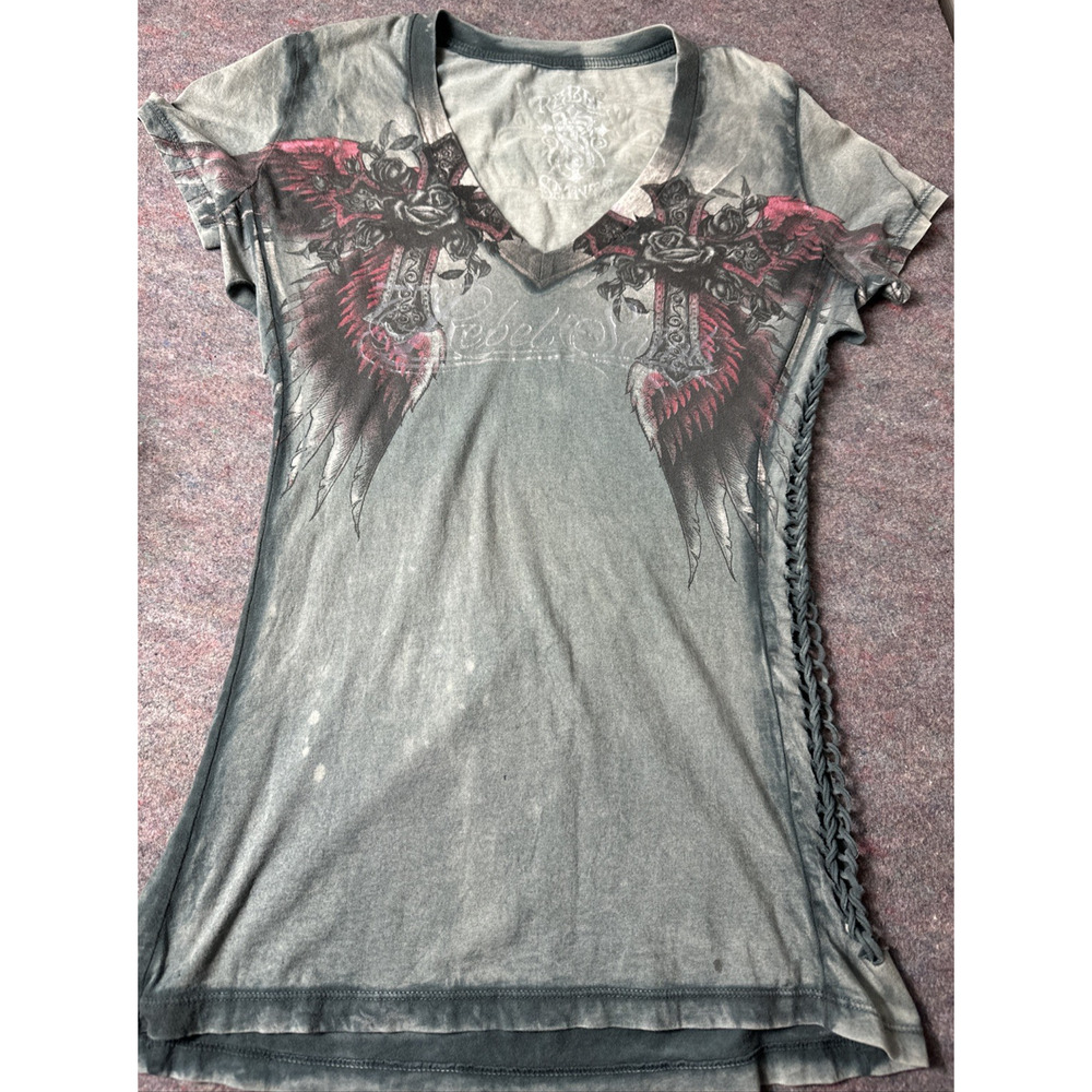 Rebel Saint by Affliction Women's T-shirt Y2K L Braided Biker Tattoo Grunge Punk